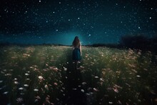 Young Woman Looking At Cosmos Flower Field At Night With Stars In The Sky, Generative AI