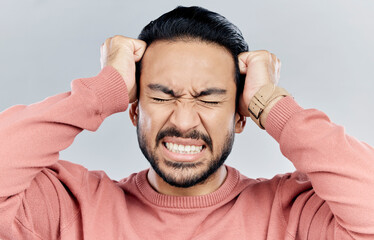 Sticker - Man, face and frustrated with stress headache, anxiety and mental health isolated on studio background. Male with eyes closed, depression and distress, person in pain with migraine and burnout