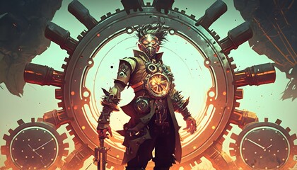 Wall Mural - cyborg man standing on cogs gears wheels steampunk elements background, digital art style, illustration painting, Generative AI