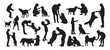 People playing with dog various activities collection set vector silhouette.