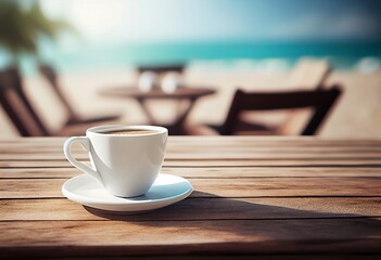 Beautiful Beach Background with White Table, Closeup of Coffee Cup and Outdoor Blissful Blur