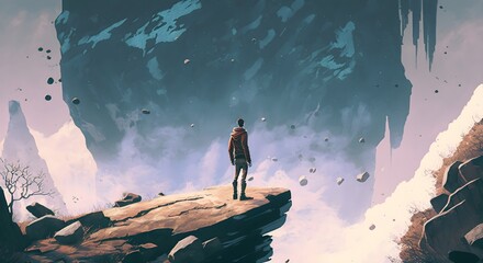 man standing on a rock in the world without gravity, digital art style, illustration painting, Generative AI