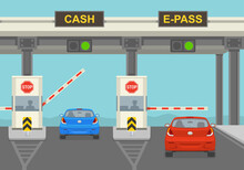 Back View Of Traffic Flow On Highway. Cars Passing Through Checkpoint With Barriers. Flat Vector Illustration Template.