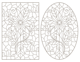 Wall Mural - A set of contour illustrations in the style of stained glass with Christian crosses, dark contours on a white background