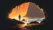 The Man Walking In The Sea Cave At Sunset, Illustration Painting, Generative AI