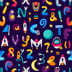 Poster - Kids space cartoon letters and numbers seamless pattern. Vector background with creative font in cosmic style. Alphabet cosmic signs and digits. ornament for kids wallpaper, textile or wrapping paper