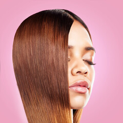 Poster - Beauty, hair and face of black woman with eyes closed isolated in studio with pink background for salon advertising. Haircare, straightener and Brazilian hairstyle on model for growth product promo.