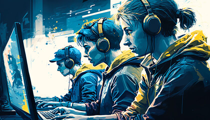 Wall Mural -  E-sport gaming player teams with illustration art and speed light stlye.competition and strategy for success.stream technology.ai generated images