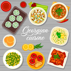 Sticker - Georgian cuisine menu cover vector template. Beef tongue salad, beef with Tkemali sauce and tomato sauce Satsebeli, baked green beans, flatbread and stuffed tomatoes, cabbage salad, cheese mint balls