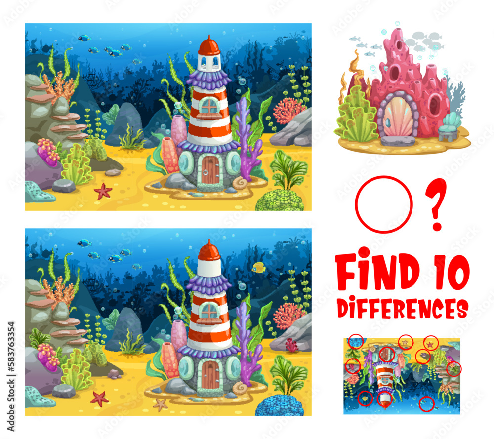 Find ten differences on underwater sunken lighthouse. Kids vector game ...