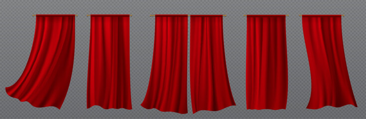 Isolated 3d red drapery cloth vector set. Flying from wind realistic silk curtain with drape. Luxury soft textile with wave and fold for theater show or event. Beautiful dynamic wavy velvet material