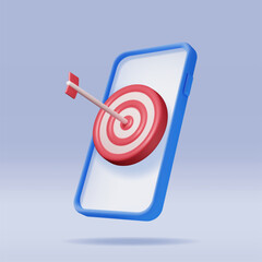 Aufkleber - 3D Target with Arrow in Center on Smartphone Screen. Render Dartboard with Arrow and Phone. Goal Setting. Smart Goal. Business or Finance Target Concept. Achievement and Success. Vector Illustration