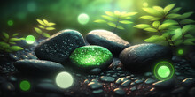 Ultimate Healing Power, Black Glowing Healing Stones In Beautiful Nature Scene, Green Blur Background, Bokeh, Peaceful And Calm.