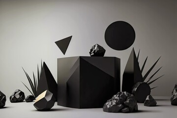 Canvas Print - Modern futuristic 3D art abstract of dark gray glossy figures, created with generative ai