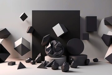 Canvas Print - Geometric three-dimensional shapes in futuristic 3D art abstract in gray black tones, created with generative ai