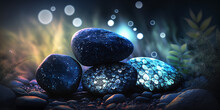 Ultimate Healing Power, Black Glowing Healing Stones In Beautiful Nature Scene, Blue Blur Background, Bokeh, Peaceful And Calm.