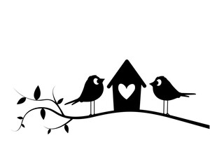 Wall Mural - Birds on branch and bird house, vector. Cute cartoon illustration. Birds silhouettes illustration isolated on white background. Wall art, artwork, wall decals. 