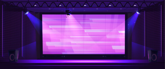 Wall Mural - TV show studio with stage, led screen and spotlights. Empty scene interior with light projectors, digital monitor and speakers, vector cartoon illustration