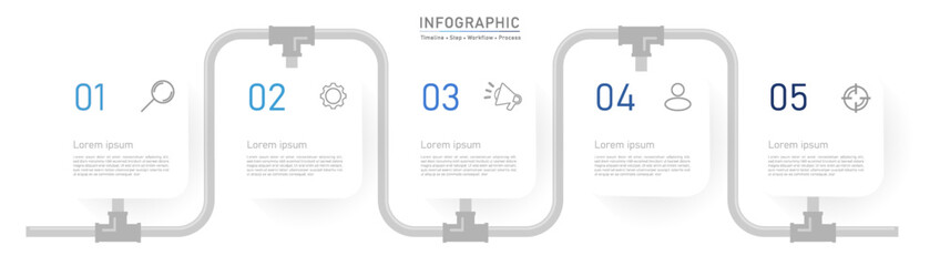 Five pipe line business option infographic template. Minimal step workflow number icon element presentations. Timeline diagram object vector.