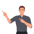 © lioputra - Positive emotions and gesturing concept. Young smiling man cartoon character wearing denim shirt standing looking at camera and pointing with two hands and fingers