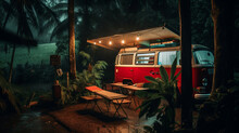 A Camper Van In Tropical Rain-forest, Car Camping Life In Forest