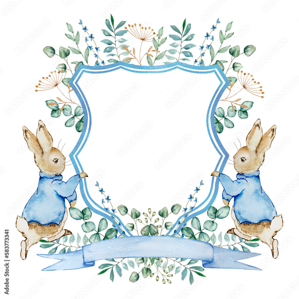 Watercolor Spring Peter Rabbit with Floral Crest Stock Illustration ...