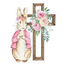 Watercolor Spring Peter Rabbit With Flower Cross