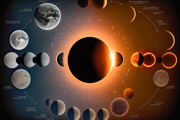 Sticker - Different phases of solar eclipse. Sun Earth and Moon in a diagram - Generative AI