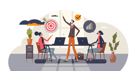 Wall Mural - Performance management and business development growth tiny person concept, transparent background. Efficient and productive work with clear and strong leadership for motivation.