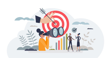 Targeted audience research methods for effective marketing tiny person concept, transparent background. Find customer for loyal engagement from focused advertisement campaigns illustration.