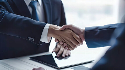 Businessman handshake for success deal in business merger and acquisition, development opportunity achievement as business partnership and consolidate. Generative AI
