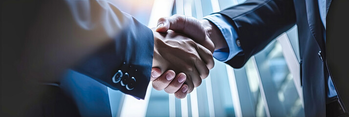 Businessman handshake for success deal in business merger and acquisition, development opportunity achievement as business partnership and consolidate. Generative AI
