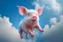 Animal Creative Concept On Pastel Blue Sky With Clouds Background. Small Baby Domestic Animal, Cute Baby Pink Pig Flying, Little Piggy. Illustration, Generative AI.