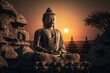 Buddha statue on Sunset background, Buddha purnima Vesak day. Generative ai