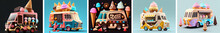 Ice Cream Food Truck, Isolated Van, Cartoon Car For Street Food Icecream Automobile Cafe On Wheels With Ice Cream Assortment, Loudspeaker On Rood And Chalkboard, 3d Illustration. 