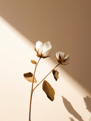 Branch with white fluffy cotton flowers on beige background flat lay, creative floral background with cotton