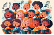 illustration of children singing song together . girls and boys group singers in choir chorus from music school, generative AI