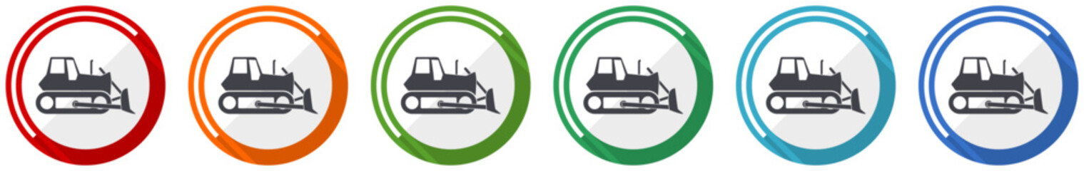 Fototapete - Bulldozer, heavy machine, tractor icon set, flat design vector illustration in 6 colors options for webdesign and mobile applications