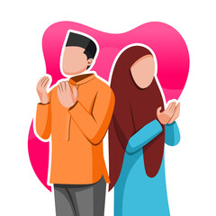 Wall Mural - Muslim couple wishing happy eid mubarak flat illustration