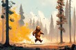 bear fleeing forest fire, running toward clear blue sky, created with generative ai