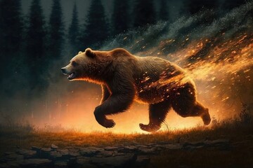 Wall Mural - bear, running from burning forest, with flames and smoke in the background, created with generative ai