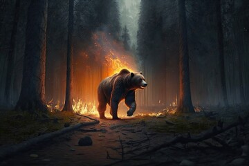 Wall Mural - fire is spreading through the forest, while bear runs away from flames, created with generative ai