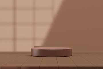 Brown podium Placed on a luxury wooden floor, empty space for displaying products, with shadows from the window reflecting behind. mockup 3d background