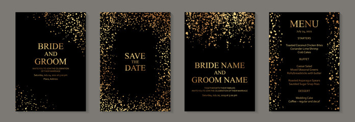 Set of black background templates with golden glitter or paint splashes.