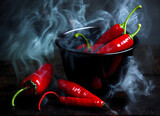 Fototapeta Kuchnia - red chili on a black background, smoke, in a bowl