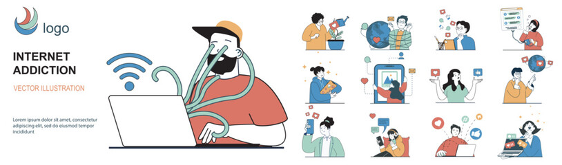 Aufkleber - Internet addiction concept with character situations collection. Bundle of scenes people chained to laptops and smartphones, addicted to social networking. Vector illustrations in flat web design