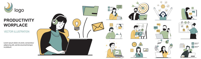 Poster - Productivity workplace concept with character situations collection. Bundle of scenes people working, making tasks at office, time management and organization. Vector illustrations in flat web design