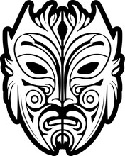 .Vector Tattoo Of Polynesian God Mask, Black And White Sketch.