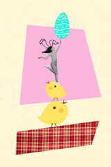 Sticker - Creative banner poster surreal collage of mini little girl standing on yellow baby chicks collecting painting colorful easter eggs