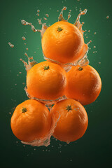 Wall Mural - Levitation ripe oranges citrus with drops of juice water splash, isolated on green background, organic healthy fruit, flying food. AI generative